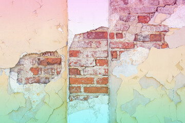 Wall and load-bearing column with peeled plaster, color gradient.