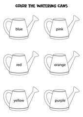 Read names of colors and color watering cans. Educational worksheet for kids.