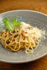Spaghetti pasta with tomato sauce, mozzarella cheese