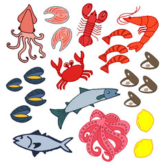 fresh seafood icon. hand drawn vector. salmon meat, shrimp, prawn, lobster, crab, mussel, shellfish, tuna fish, octopus and lemon illustration. restaurant menu, poster, banner, cover. marine life. 