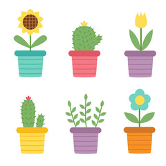 Cute flowers in pots on white background in cartoon style.