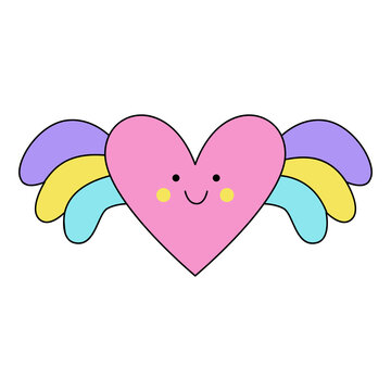 Vector illustration of cute heart with wings isolated on white background.
