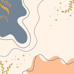 scandinavian style, abstract background with leaves illustration. pastel color, hand drawn vector. flat design template for wallpaper, greeting card, postcard, poster, banner, flyer, advertising. 