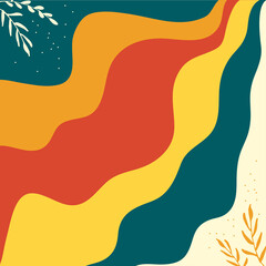colorful layered with leaves illustration. abstract background. wave layered. hand drawn vector. flat design template. wallpaper, poster, banner, greeting and invitation card, advertising, cover. 