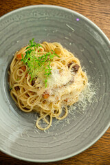 Spaghetti pasta with tomato sauce, mozzarella cheese