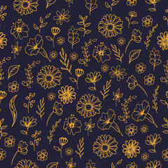 beautiful flower with leaf illustration isolated on dark blue background. gold outline, hand drawn vector. seamless pattern with leaf and flower. doodle art for wallpaper, wrapping paper, fabric. 