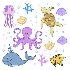 schattig doodle zeedier voor kinderen, label, sticker, clipart, poster, kaart. handgetekende vector. kwallen, koraal, schildpad, zeeschelp, octopus, walvis en clownvissen illustratie. pastelkleur. schattig karakter.
