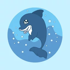 Foto auf Acrylglas Antireflex adorable dolphin with smiling face illustration on blue background. circle outline. hand drawn vector. cute character. doodle art for kids, logo, label, poster, card, banner, sticker, clipart.  © siarifzen