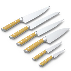 Set of chef's kitchen knives with a wooden handle isolated on white background.