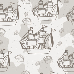 Fototapeta na wymiar vintage marine background with sailing ship and seashell illustration. hand drawn vector. seamless pattern with sail and shell. marine life background. wallpaper, fabric, textile, wrapping paper. 