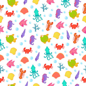 colorful marine life icon. seamless pattern with sea animal on white background. lobster, seahorse, seashell, puffer and clown fish, crab, coral and octopus illustration. small shape. wallpaper,fabric