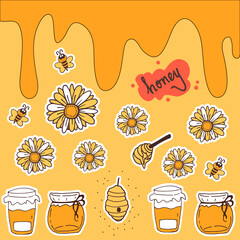 honey icon. hand drawn vector. cute doodle honey art for kids, logo, label, sticker, clipart, poster, banner, decoration. honey-hand drawn lettering with flower, bee, jar and beehive illustration. 
