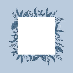 Obraz premium blue leaf frame, border. blue leaves illustration with blank white square design template. hand drawn vector. blue background. wallpaper, poster, wedding card, greeting and invitation card, cover. 