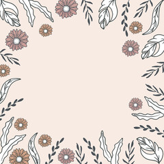 vintage floral frame, border. leaf and flower illustration on pink background. hand drawn vector. blank space design template for text. doodle art for wallpaper, poster, greeting and invitation card. 