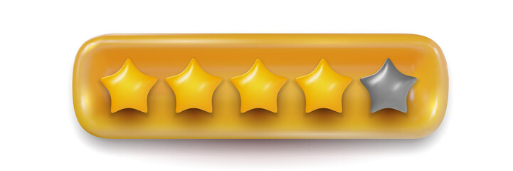 Five yellow glossy star in banner isolated on white background. Realistic sweet 3d design element for quality rating. Cartoon colorful clay, plastic or soft toy. Beautiful vector illustration.