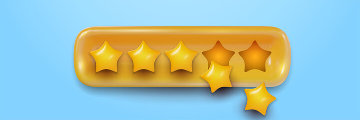 Five yellow glossy star in banner isolated on blue background. Realistic sweet 3d design element for quality rating. Cartoon colorful clay, plastic or soft toy. Beautiful vector illustration.