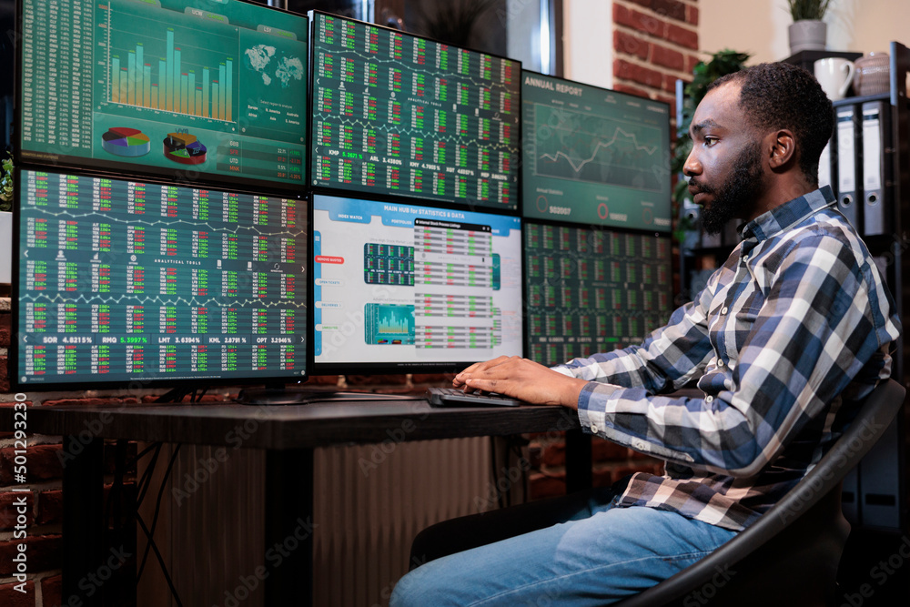 Poster brokerage company employee sitting at multi monitor workstation while trading risk free assets. inve