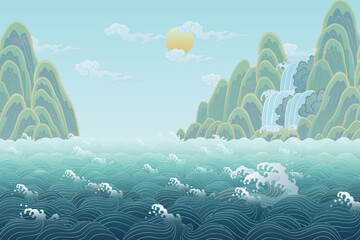oriental painting illustration wallpapers sea and mountains 동양화 일러스트 바다와 산