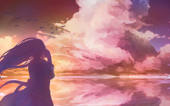 女の人と水面に映り込む夕日の空