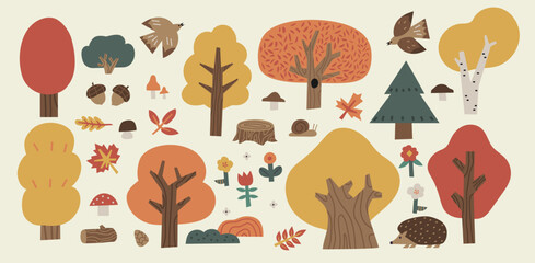 Collection of various autumn forest elements. Set of abstract forest trees, plants and animals. Vector hand drawn illustration. All elements are isolated.