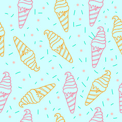 seamless pattern with ice cream cone illustration isolated on blue background. hand drawn vector. pink and orange outline colors. wallpaper, wrapping paper and gift, backdrop, fabric, textile, poster.