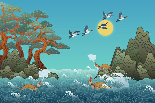 Oriental painting Ten longevity Asian traditional illustration Turtle and crane 동양화 일러스트 십장생 거북이 두루미 바위