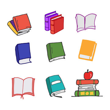 set of colorful books icon. hand drawn vector. book illustration. pile of book, stack of book with apple, open and closed book illustration on white background. logo, label, sticker, clipart, poster. 