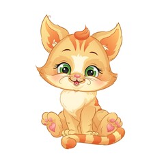 Cute cartoon red kitten, little pet. Baby animal vector illustration on white background.