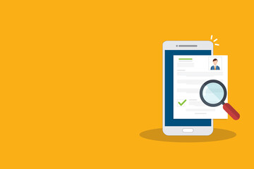 Online resume analysis, use phone and magnifying glass to view recruitment resume, concept of recruitment and human resources