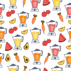juicer with fruit icon on white background. seamless pattern with blender and fruits, apple, watermelon, orange, avocado and carrots illustration. hand drawn vector. wallpaper, wrapping paper and gift
