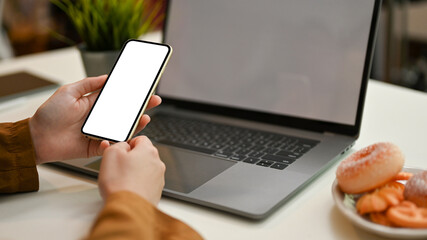 Female freelancer remote working at the coffee shop, using her smartphone