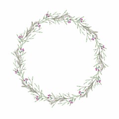 Watercolor floral wreath with twig branch and abstract leaves on paper.