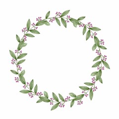 Watercolor floral wreath with twig branch and abstract leaves on paper.