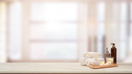Modern tabletop with spa products set and copy space