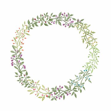 Watercolor wreath with twig branch and abstract leaves of flowers, leaves, branches, Botanic .illustration isolated on white background..