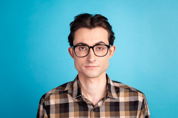 Photo of young confident man intelligent eyewear marketer corporate isolated over blue color background
