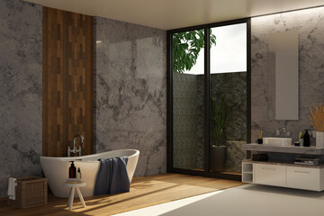 Modern urban loft bathroom interior design with bathtub, dark marble wall.