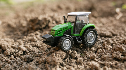 Photo of a toy green tractor on the ground in the village, agricultural machinery for cultivating the land. Picture for a toy store, advertising equipment for children, children's books.