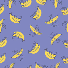 banana fruit illustration on blue background. hand drawn vector. yellow color, tropical fruit. seamless pattern with banana. doodle art for wallpaper, wrapping paper and gift, fashion printing, fabric