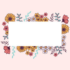 Fototapeta na wymiar flower frame, border. hand drawn vector. beautiful flower with leaf illustration. white rectangular blank space design template for text. label, poster, banner, greeting and invitation card, cover. 