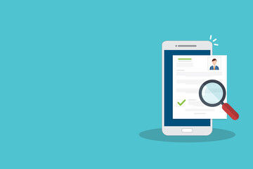 Online resume analysis, use phone and magnifying glass to view recruitment resume, concept of recruitment and human resources