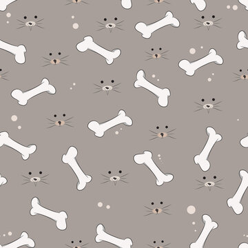 seamless pattern with kawaii cute cats character and bone for card paper background