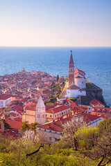 Piran, Slovenia. Aerial cityscape image of beautiful Piran, Slovenia at spring sunset.
