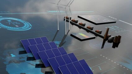 Solar panel, wind turbine and nuclear power green energy concept animation. Renewable energy data charts animation with 3D objects. 3D rendering animation. - Powered by Adobe
