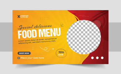 Fast food business promotion web banner template design. Restaurant healthy burger online sale social media marketing cover or web banner
