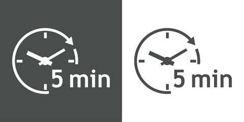Logo con texto 5 min con silueta de esfera de reloj simple con líneas con forma de flecha en círculo en fondo gris y fondo blanco - obrazy, fototapety, plakaty