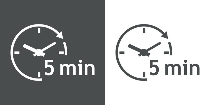 Logo con texto 5 min con silueta de esfera de reloj simple con l&iacute;neas con forma de flecha en c&iacute;rculo en fondo gris y fondo blanco