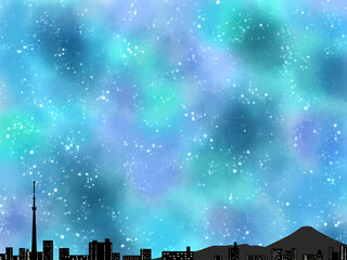 星屑が輝く幻想的で美しい夜空と街のシルエット