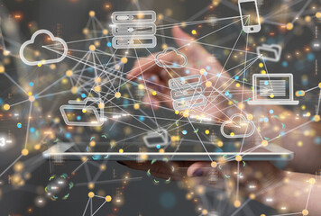 abstract lines with dots over dark background.