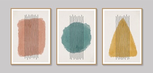 Collection of vector abstract wall art. Boho color organic shape. Artistic design for poster, print, cover, wallpaper, minimalistic and natural wall art. Vector illustration with grunge texture.